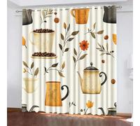 Cartoon Window Curtain Blackout Flowers Coffee Beans Teacup Kettle UV Protection Thermal Insulation Window Drapes With Grommet Curtains for Living Room Windows Bedroom Study W140 x L300 CM 2 Panels
