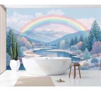 Cartoon Winter Style Panoramic Wallpaper Mural - Light Blue Snow-Capped Mountains, Rainbows, And Rivers Silk Photo Wallpaper for Bedroom Dining Room Feature, High-Resolution Wall Décor 200x140cm