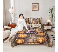 Cartoon Witch Skeleton Comforter Set Halloween Pumpkin Lanterns Comforter King Gothic House Bedding Set for Kids Girls Boys Bedroom Decor Fashion Purple Orange Quilt Duvet,3 Pcs 2 Pillowcase
