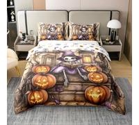 Cartoon Witch Skeleton Duvet Cover Set 100% Cotton Halloween Pumpkin Lanterns King Size Bedding Sets Gothic House Comforter Cover for Kids Purple Orange Bedding with 2 Pillowcases(No Comforter)