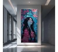 Cartoon Woman Diamond Art Kits Adults, DIY 5D Large Diamond Painting Japanese Cherry Blossoms Full Square Drill Crystal Art Kits 19.7x47.2 Inch, Painting by Numbers for Home Wall Decor (SQ769)