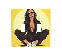 Cartoon Woman in Black Pilot Jumpsuit Double Gang Toggle Light Cover Wall Plate Switch Decor Standard Size - 11.4x11.4cm