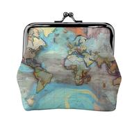 Cartoon World Map Leather Coin Purse for Women-Small Kiss Lock Wallet, Mini Card Holder for Keys Lipstick, Cute Change Purse for Travel