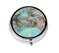 Cartoon World map Round Mini Pill Box: 3-Compartment Portable Metal Pill Organizer with Snap Closure, Ideal for Daily Travel Use