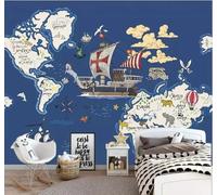 Cartoon World Map Sailing Ship Hot Air Balloon Animals 3D Wallpaper Easy Install Feature Office Living Room Sofa Bedroom TV Background Wall Decoration-430cm×300cm