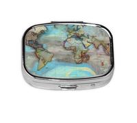 Cartoon World Map Square Pill Box with Full Print Design - Portable Metal Travel Case for Vitamins & Medication, 2.2x1.6x0.7 Inch.