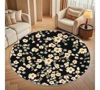 Cartoon Yellow Daisy Print Round Rugs 100cm, Non Slip Area Rugs for Bedroom & Living Room - Soft Machine Washable Black Circle Carpet, Non Shedding Floor Mats for Home Room Decorative