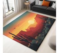 Cartoons Sunset Desert Cacti Printed Rug, Non-Slip Short Pile Orange Yellow Rugs, Living Room Decorative Carpet, 180 x 240 cm Indoor Carpet for Bedroom, Dining Room, and Other Areas