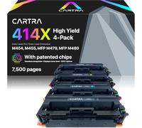 CARTRA 414X Toner Cartridge Set 4 Pack for HP Color LaserJet Pro MFP M454dw, M454dn, M454, M479fdw, M479fdn, M479, M455dn, M455, M480f, M480 - High Yield Magenta Black Cyan Yellow
