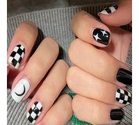 Carufin 24 PCS Chessboard Star Moon Nail Stickers Platinum Powder Stars Crystal Fake Nail Stickers Press on False Nails Daily Wear Artificial Nails (A)