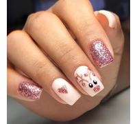 Carufin 24 Pcs Christmas Press on Short Fake Red and White Stripes Acrylic Cute Elk Snowflake Full Cover False Nails Xmas (A)