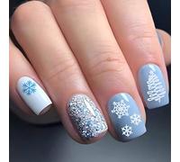 Carufin 24 Pcs Christmas Press on Short Fake Red and White Stripes Acrylic Cute Elk Snowflake Full Cover False Xmas Nail (C)