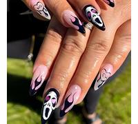 Carufin 24 Pcs Halloween False Evil Charm Love Skeleton Fake Long Pointed Tip Press On False Nails