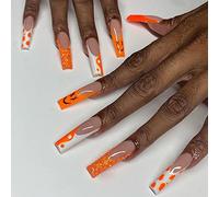 Carufin 24 PCS Long Coffin Fake Nail Glossy Acrylic False Nails Artificial Crystal Nails Press on Nails Ballet False Nails for Women Girls (Orange 3)