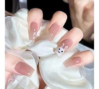 Carufin 24 PCS Lovely Rabbit Coffin Fake Nail Pink Gradual Flash Press on Nails Medium Long Ballet Artificial False Nails for Women Girls (B)