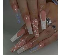 Carufin 24 PCS Lovely Rabbit Coffin Fake Nail Pink Gradual Flash Press on Nails Medium Long Ballet Artificial False Nails for Women Girls (A)