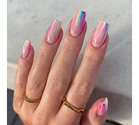 Carufin 24 PCS Lovely Rabbit Coffin Fake Pink Gradual Flash Press on Medium Long Ballet Artificial False Nails for Women Girls (E)