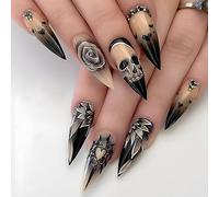 Carufin 24 Pcs Punk Skull Night Rose Crystal Dark Fake Halloween Long Pointed Tip Press On False Nails