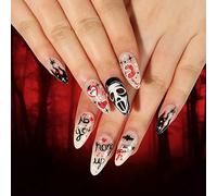 Carufin 24 Pcs Spider Red Heart Skull Face False Medium Long Halloween Snake and Scorpion Fake Press On False Nails (B)