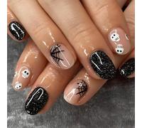 Carufin 24Pcs Black Spider Web False Nails Short Nails Ghost Design Fake Nails Press On Nails for Women