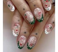 Carufin 24Pcs Christmas Gingerbread Man Chocolate House False Nails Christmas Tree Fruit Snowflakes Press On False Nails (A)