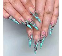 Carufin 24Pcs Plum Blossom Long Pointed French Fake Nails Crystal Acrylic Press on Ballet False Nails for Women Girls (B)