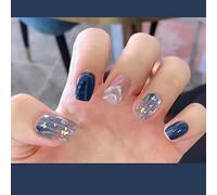 Carufin 24Pcs Sea Blue Halo Dye Sticker Short White Gradual Change Square False Nails Press on Nails for Women Girls (A)