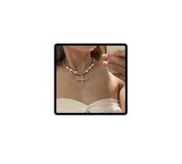 Carufin Crystal Cross Necklace Pearl Collar Chain Cross Pendant Necklaces Simple Cute Rhinestone Necklaces Jewelry for Women