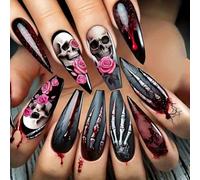 Carufin Gothic Halloween Skull Nail Art Designs, Long Stiletto Press-on Nails, Skeleton and Rose Patterns 3 Styles For Women (C)