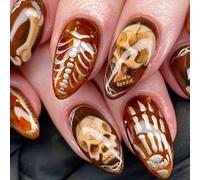 Carufin Gothic Halloween Skull Nail Art Designs, Long Stiletto Press-on Nails, Skeleton and Rose Patterns 3 Styles For Women (A)