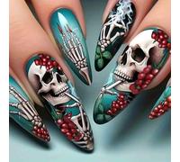 Carufin Gothic Halloween Skull Nail Art Designs, Long Stiletto Press-on Nails, Skeleton and Rose Patterns 3 Styles For Women (B)