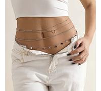 Carufin Multilayer Crystal Waist Chain Peach Heart Sequin Body Chain Stacking Belly Chains Summer Beach Body Accessories Jewelry for Women and Girls (Silver)