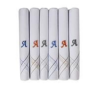 Caruso Italy Men's Initial Monogram A Embroidery 100% Pure Cotton Handkerchief White Base With Colored Border - Pack Of 6