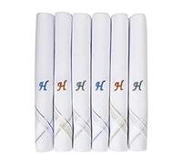 Caruso Italy Men's Initial Monogram H Embroidery 100% Pure Cotton Handkerchief White Base With Colored Border - Pack Of 6