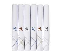 Caruso Italy Men's Initial Monogram N Embroidery 100% Pure Cotton Handkerchief White Base With Colored Border - Pack Of 6