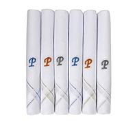 Caruso Italy Men's Initial Monogram P Embroidery 100% Pure Cotton Handkerchief White Base With Colored Border - Pack Of 6