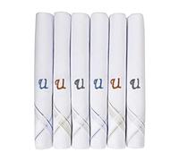 Caruso Italy Men's Initial Monogram U Embroidery 100% Pure Cotton Handkerchief White Base With Colored Border - Pack Of 6
