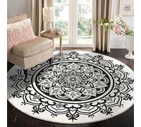Carvapet Round Area Rug 150cm/5ft Soft Fluffy Circle Carpet Rug Short Pile Non Slip Washable Bohemian Mandala Floor Round Rugs for Living Room Bedroom(Black Mandala)