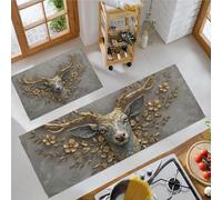 Carved Deer Head Non Slip kitchen floor mats Set 2 Piece, Luxury Retro Kitchen Mat Anti Fatigue Set, Gold kitchen carpets for Home Decoration - 40x60cm+40x120cm