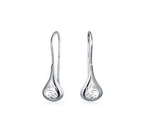 Carved Etched Puffed Pear Shaped Rain Drop Teardrop Earrings For Women Fishhook .925 Sterling Silver 1.8 Inch