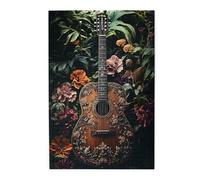 Carved Guitar with Floral Patterns 1000 Piece Adults Wooden Jigsaw Puzzle,Surrounded by Tropical Leaves & Colorful Flowers,Music Artwork,Vacation Stress Relief Game