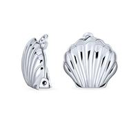 Carved Seashell Shaped Nautical Polished Clip On Earrings For Women Non Pierced Ears .925 Sterling Silver Alloy Clip