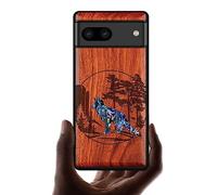 Carveit Designer Wooden Case for Google Pixel 8 Case Protective Cover [Wood Engraving & Shell Inlay] Compatible with Wireless Chargers Pixel 8 Case (Fox and woods-Red Wood)