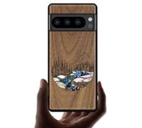 Carveit Designer Wooden Case for Google Pixel 8 Pro Case Cover [Wood Engraving & Shell Inlay] Compatible with Wireless Chargers Pixel 8 Pro Case (Mountains and Lakes-Walnut)