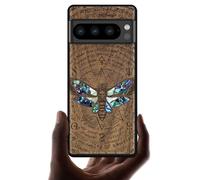 Carveit Designer Wooden Case for Google Pixel 8 Pro Case Cover [Wood Engraving & Shell Inlay] Compatible with Wireless Chargers Pixel 8 Pro Case (Death's Head Moth-Walnut)
