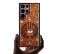 Carveit Designer Wooden Case for Samsung Galaxy S22 Ultra Case Cover [Wood Engraving & Shell Inlay] Compatible with Wireless Chargers S22 Ultra Case (All-Seeing Hand-Red Wood)