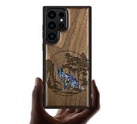 Carveit Designer Wooden Case for Samsung Galaxy S23 Ultra Case Cover [Wood Engraving & Shell Inlay] Compatible with Wireless Chargers Galaxy S23 Ultra Case (Fox and woods-Walnut)
