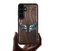 Carveit Designer Wooden Case for Samsung Galaxy S24 Case [Wood Engraving & Shell Inlay] Compatible with Wireless Chargers S24 Case (Death's Head Moth-Walnut)