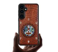 Carveit Designer Wooden Case for Samsung Galaxy S24 Case [Wood Engraving & Shell Inlay] Compatible with Wireless Chargers S24 Case (Thors hammer-Red Wood)
