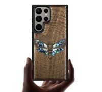 Carveit Designer Wooden Case for Samsung Galaxy S24 Ultra Case [Wood Engraving & Shell Inlay] Compatible with Wireless Chargers S24 Ultra Case (Death's Head Moth-Walnut)